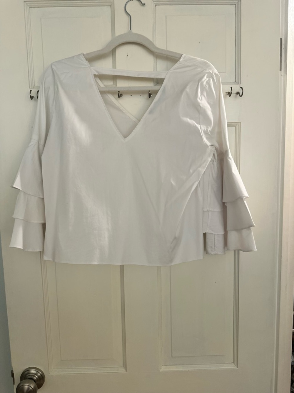 Zara White V-Neck Tiered Ruffle Sleeve Blouse